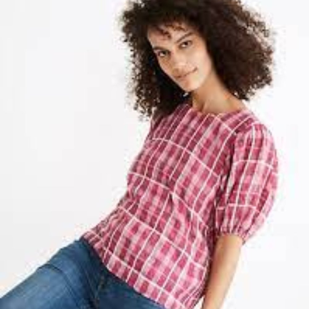 Madewell Plaid Puff Sleeve Top Never Worn